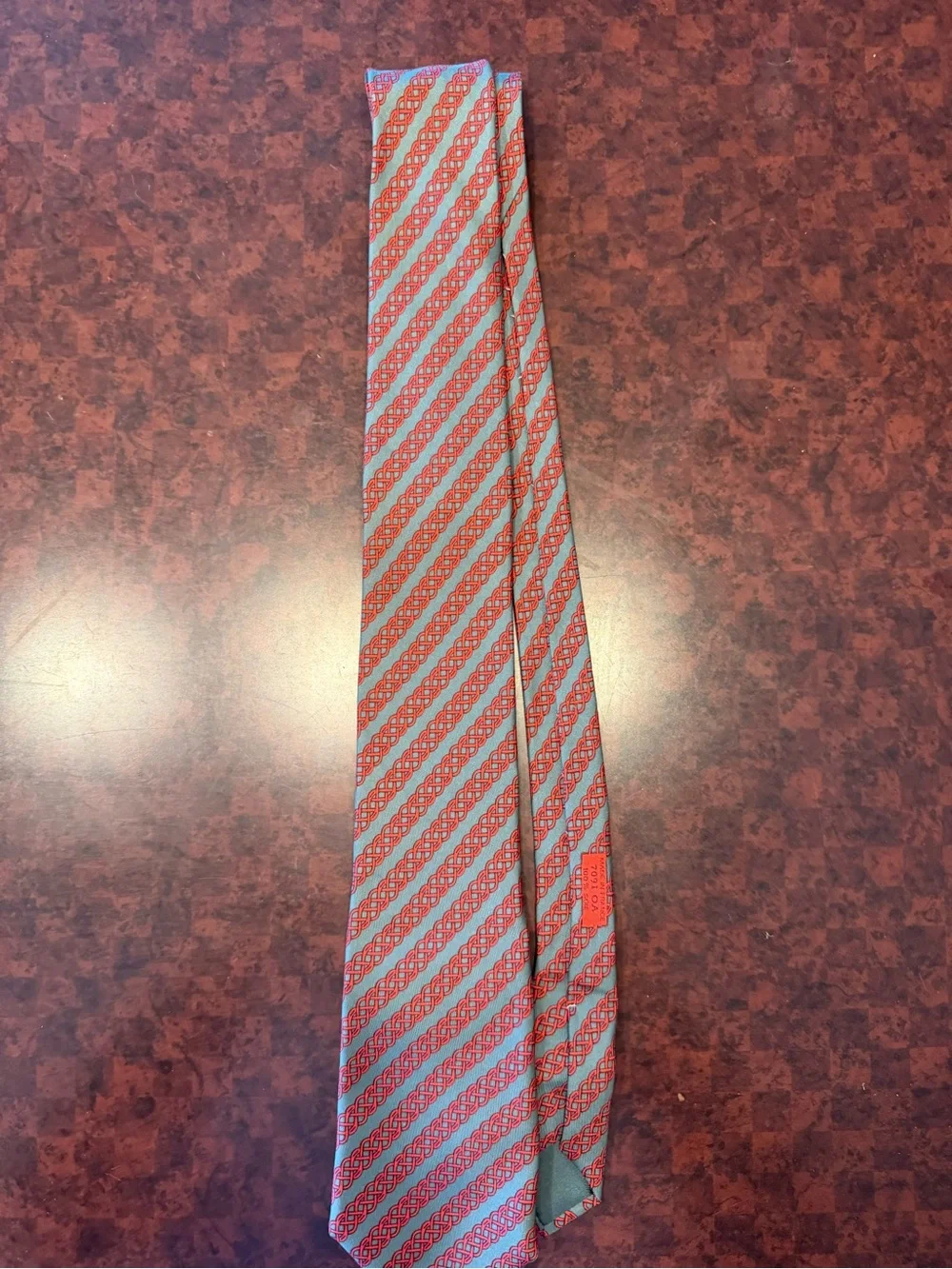 Hermes Red and Light Blue Diagonal Chain-Pattern Tie